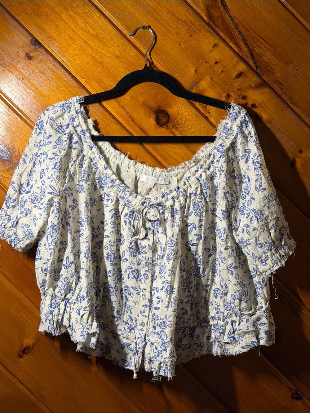 Olivaceous White and Blue Floral Peasant Blouse